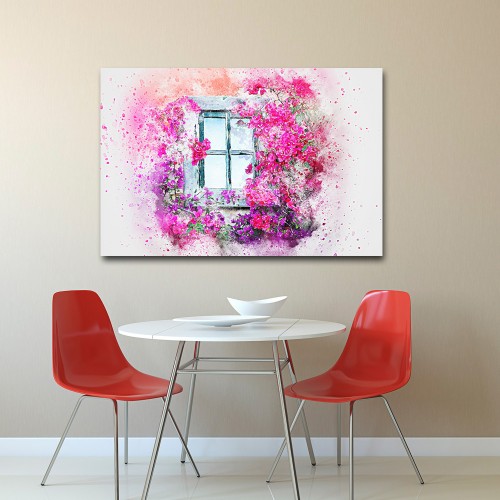 Decorative frame on canvas window with flowers watercolour